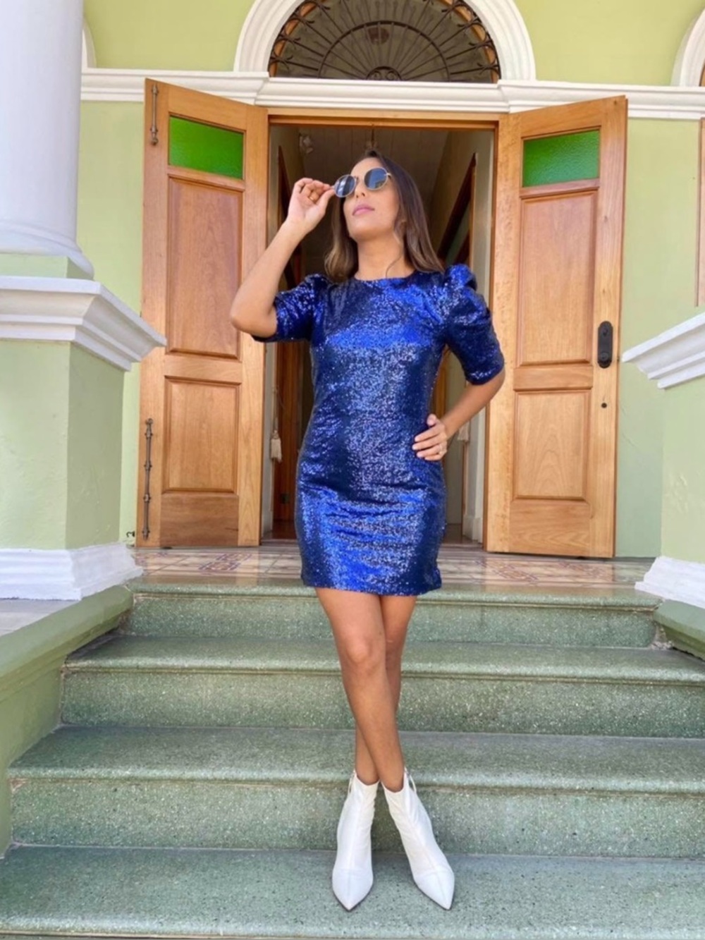 Sequined Puff-Sleeve Mini Dress in Royal Blue